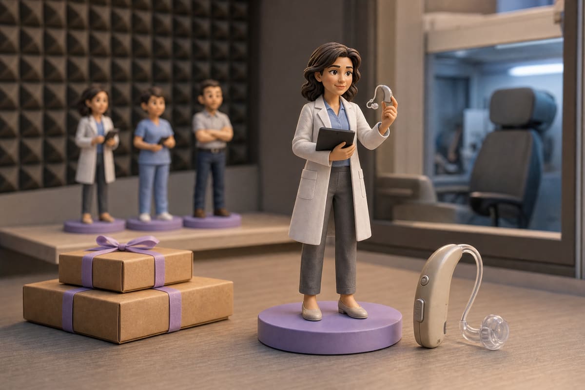 Illustration 3D d'une figurine d'audioprothésiste en blouse, tenant une aide auditive contour d'oreille à embout transparent entre le pouce et l'index