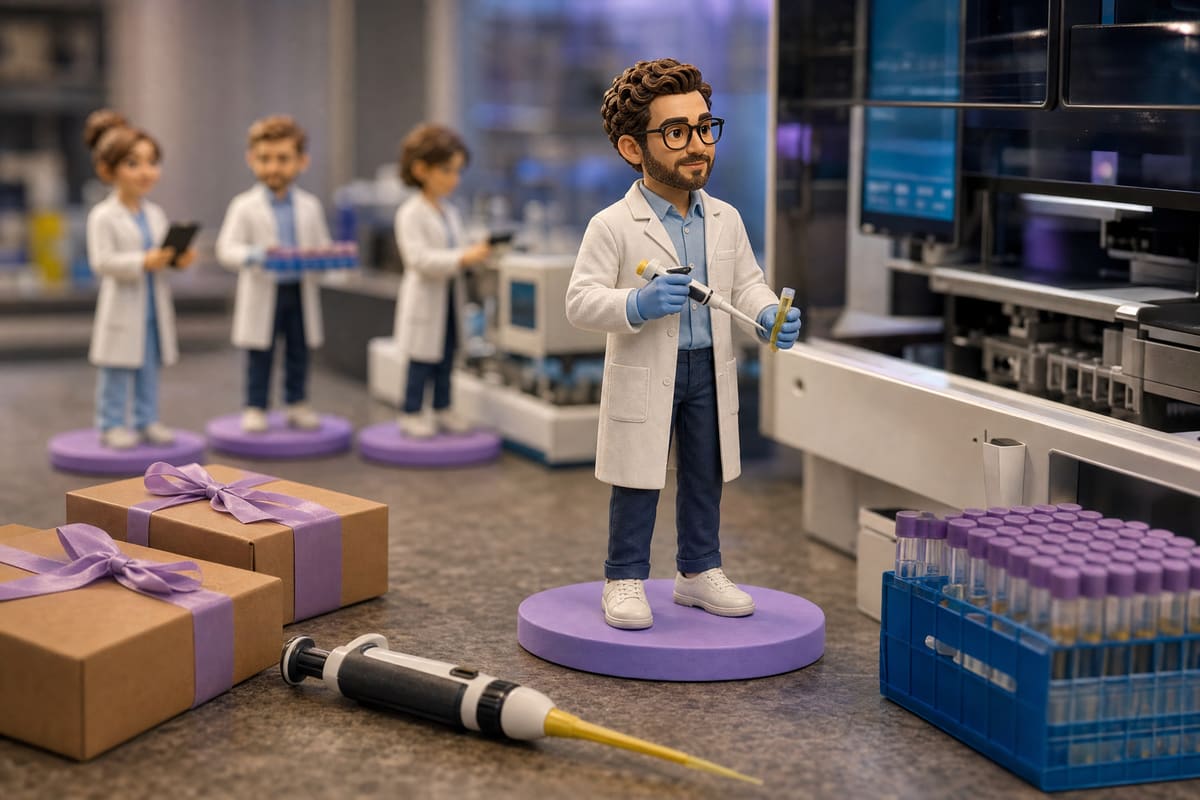 Rendu 3D illustrant une figurine personnalisée de biologiste médical en blouse de laboratoire, micropipette à cône jaune à la main, tourné vers l'écran d'un automate