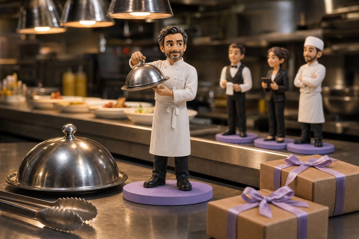 Illustration : projection 3D d'une figurine de chef cuisinier en veste blanche soulevant une cloche de service en inox bombée. Image créée en 3D, ce n'est pas la photo d'une figurine réellement imprimée.
