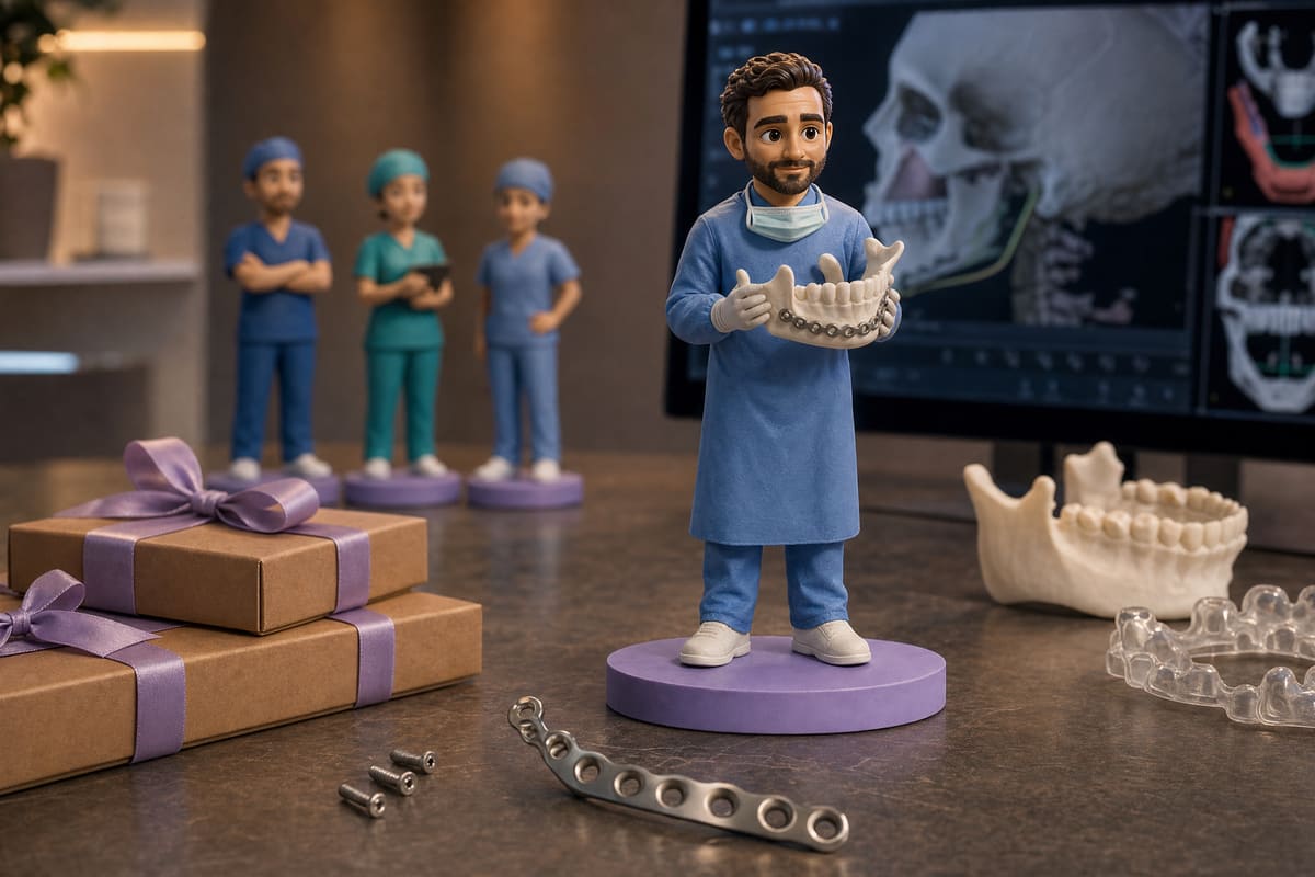Illustration : rendu 3D d'une figurine de chirurgien maxillo-facial en tenue de bloc, calot et masque baissé, tenant un modèle de mandibule équipé d'une plaque d'ostéosynthèse en titane