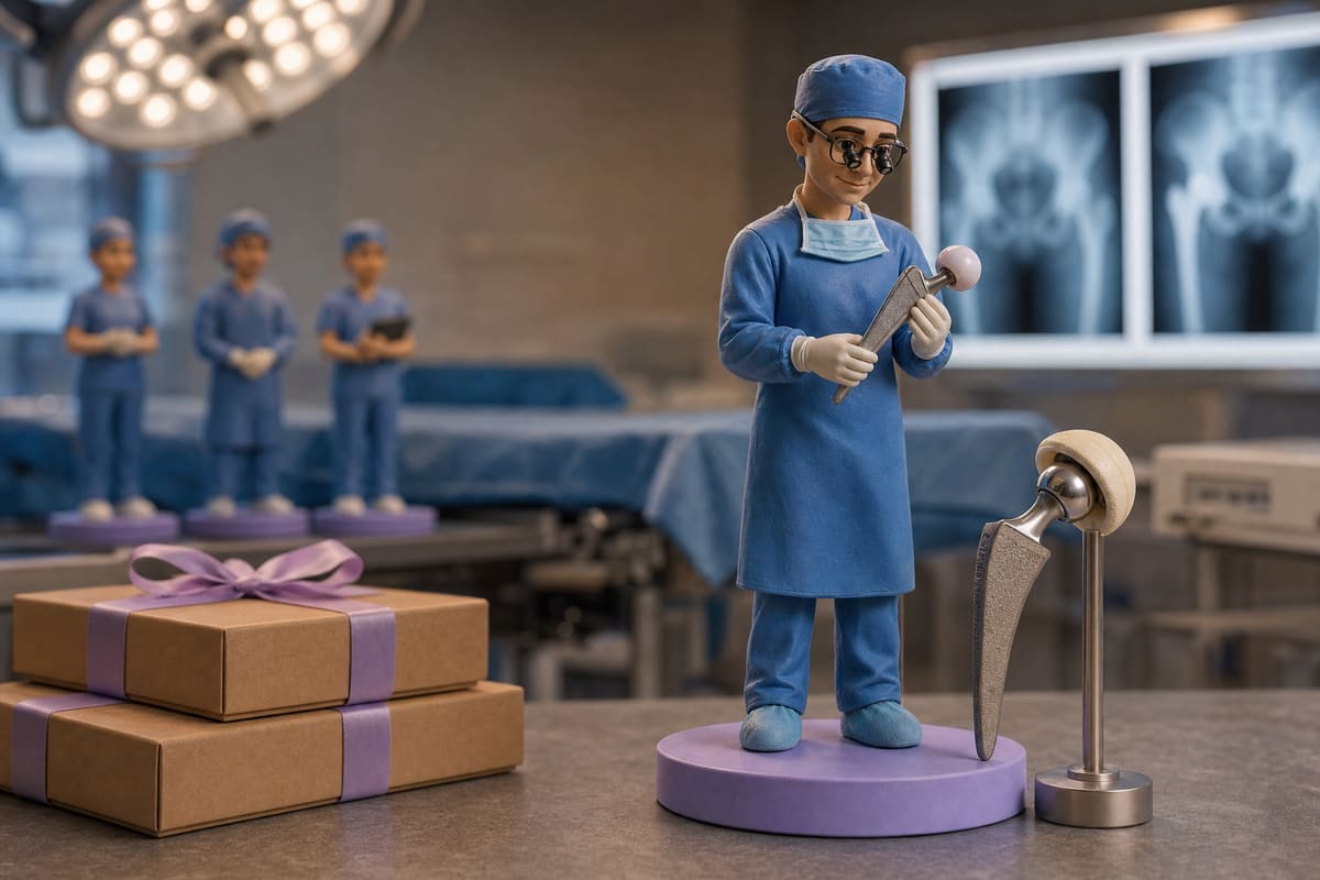 Illustration 3D d'une figurine de chirurgien orthopédiste en tenue de bloc bleue, calot et loupes, tenant une prothèse totale de hanche. Projection de rendu, pas la photo d'une figurine imprimée.