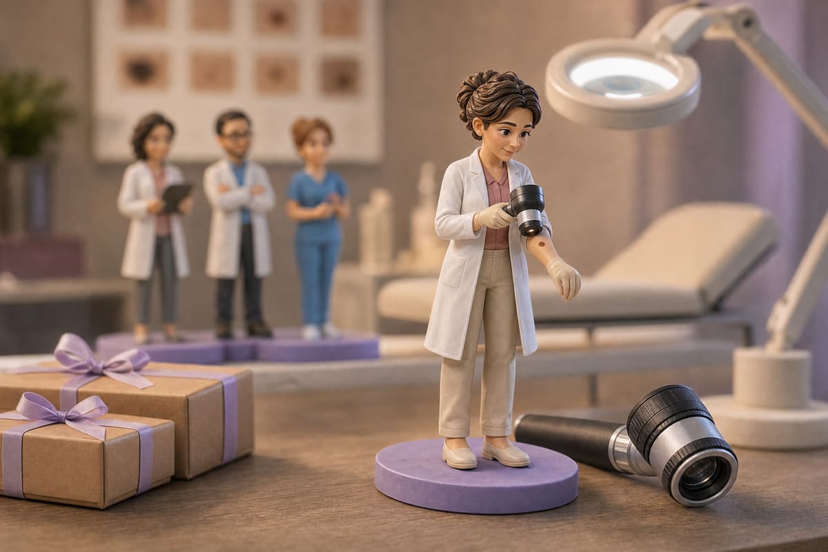 Illustration 3D d'une figurine de dermatologue en blouse blanche, penchée pour examiner un grain de beauté au dermatoscope à lumière polarisée : rendu numérique avant impression, et non la photo d'une pièce imprimée.