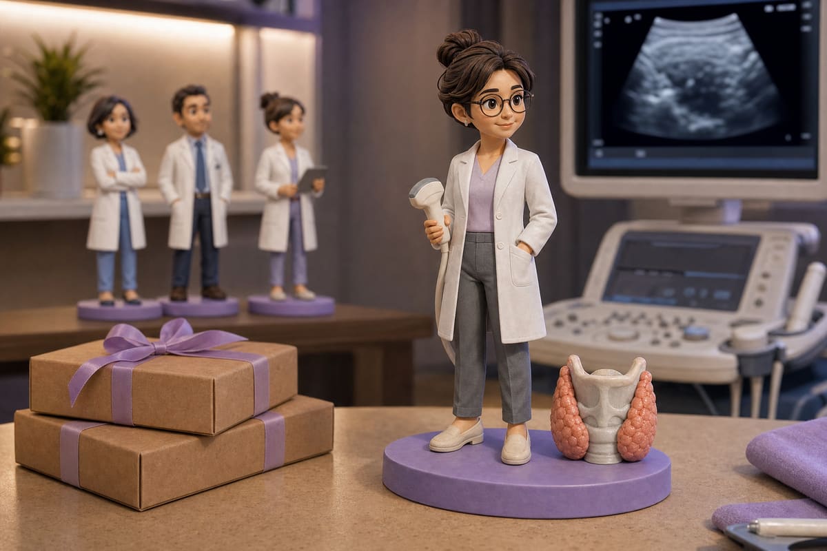 Projection 3D illustrant une figurine personnalisée d'endocrinologue en blouse blanche, sonde d'échographie en main, une maquette de glande thyroïde en forme de papillon posée à ses pieds