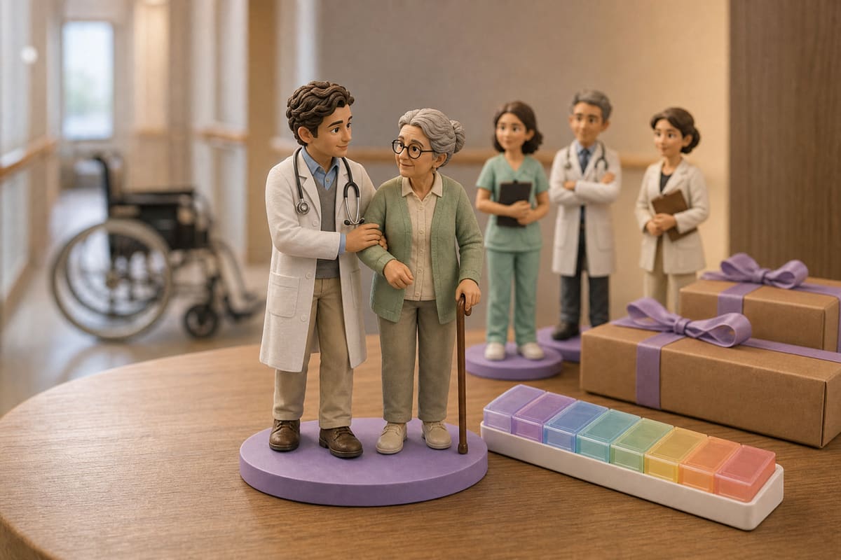 Illustration : rendu 3D d'une figurine de gériatre en blouse blanche, la main sous le coude d'une patiente âgée appuyée sur sa canne, avec un pilulier hebdomadaire à sept compartiments colorés