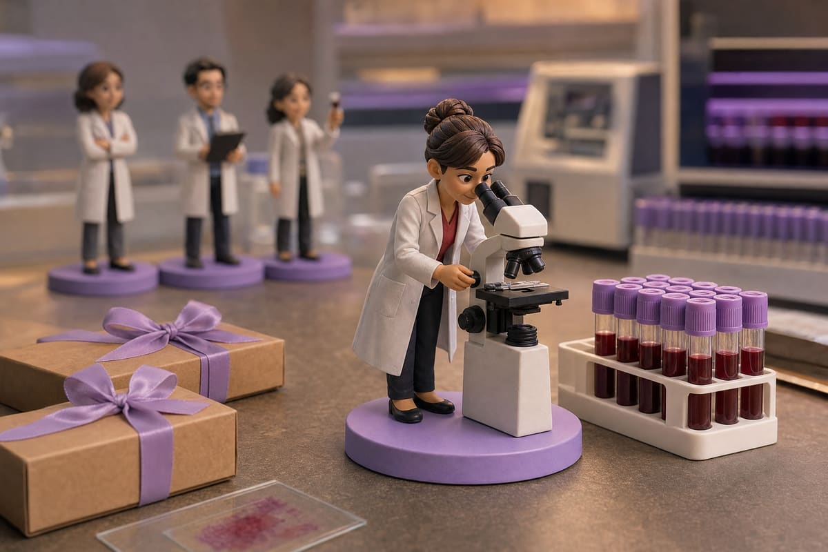 Illustration 3D d'une figurine d'hématologue en blouse blanche penchée sur un microscope, avec un portoir de tubes de prélèvement à bouchons violets posé à côté d'elle