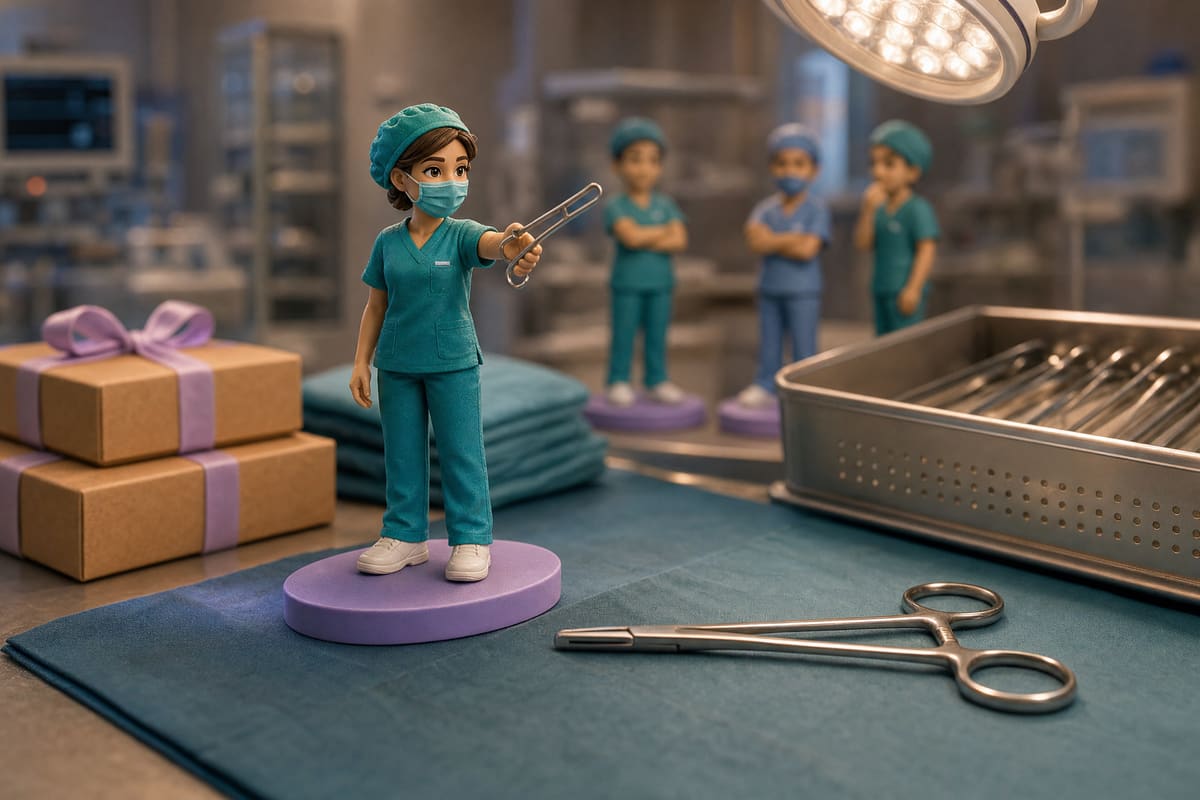 Illustration 3D d'une figurine personnalisée d'infirmière de bloc opératoire en tenue verte, calot et masque, tendant une pince Kocher au-dessus de sa table d'instrumentation. Visuel de projection 3D, pas la photo d'une figurine réellement imprimée.