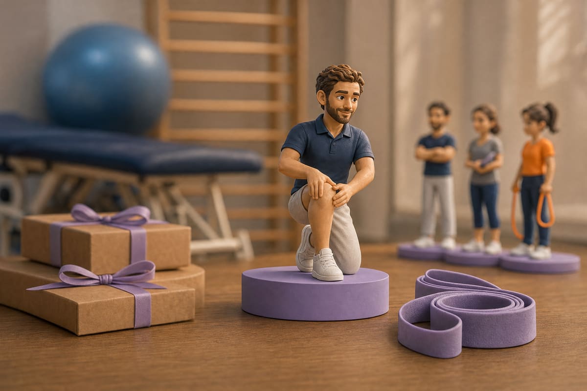 Illustration 3D d'une figurine de kinésithérapeute en polo, un genou fléchi et les mains en position de mobilisation articulaire, avec une bande élastique de rééducation enroulée posée à côté. Rendu de projection en 3D, et non photo d'une figurine imprimée.
