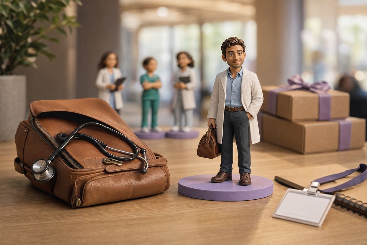 Illustration : rendu 3D d'une figurine de médecin généraliste en blouse blanche ouverte sur une chemise bleue, trousse de visite en cuir fauve à la main et stéthoscope noir enroulé posé dessus. Projection créée en 3D, et non la photo d'une figurine imprimée.