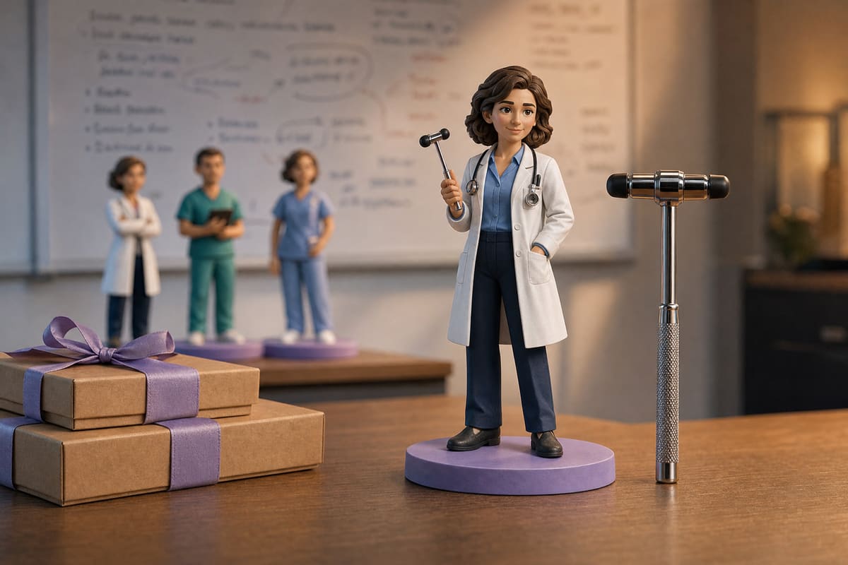 Rendu 3D illustrant une figurine de médecin interniste en blouse blanche, stéthoscope autour du cou et marteau à réflexes à manche chromé à la main
