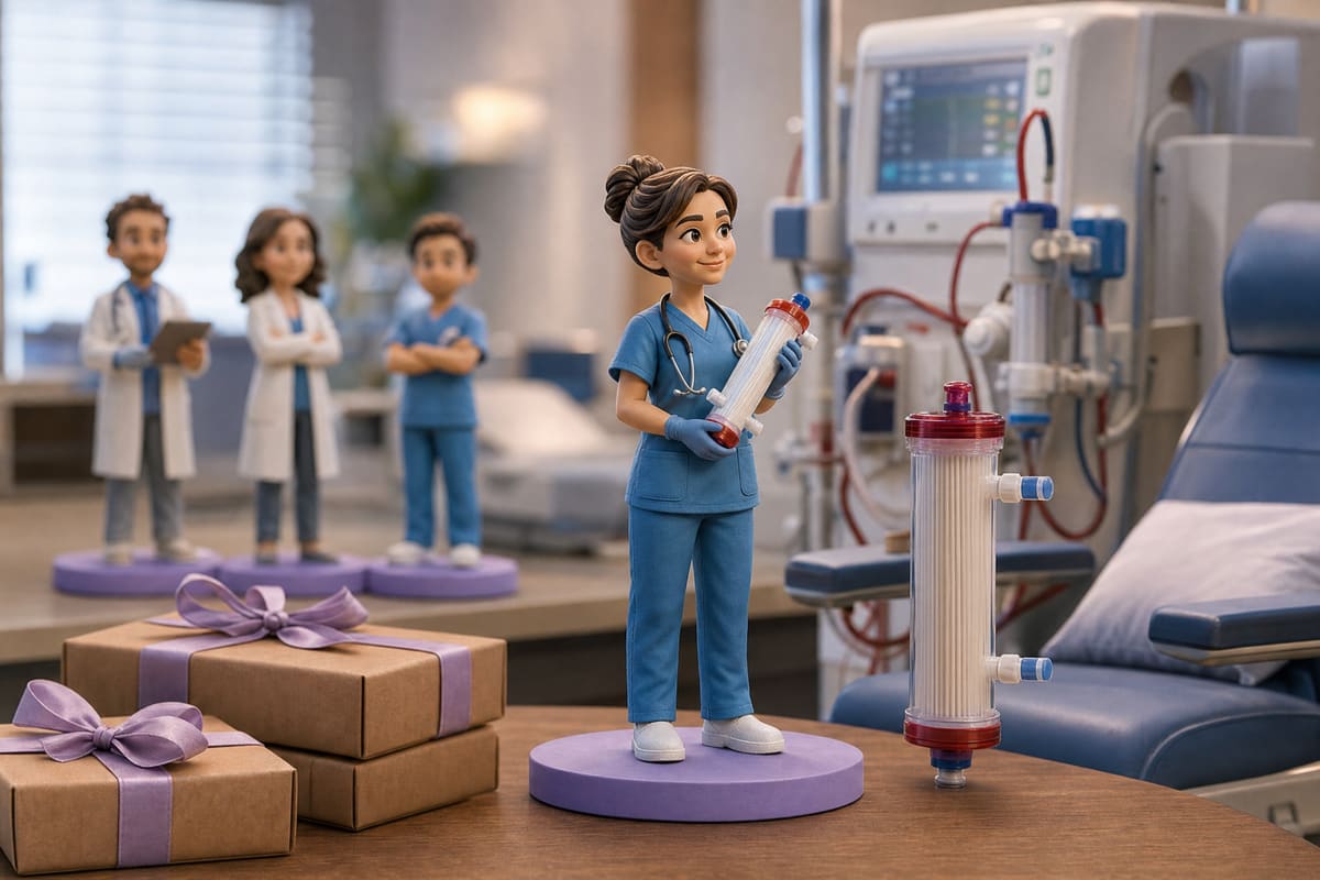 Illustration 3D d'une figurine de néphrologue en tenue de bloc bleue tenant un dialyseur cylindrique à fibres creuses, rendu numérique avant impression