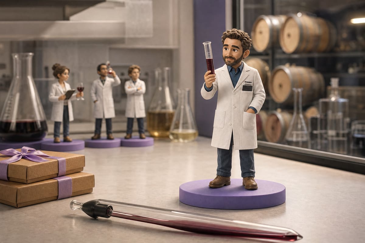 Illustration 3D d'une figurine personnalisée d'œnologue en blouse de laboratoire, éprouvette de moût levée à la main et carnet d'analyses dans la poche de poitrine, une pipette à vin posée en diagonale à côté. Projection créée en 3D, non photographiée.