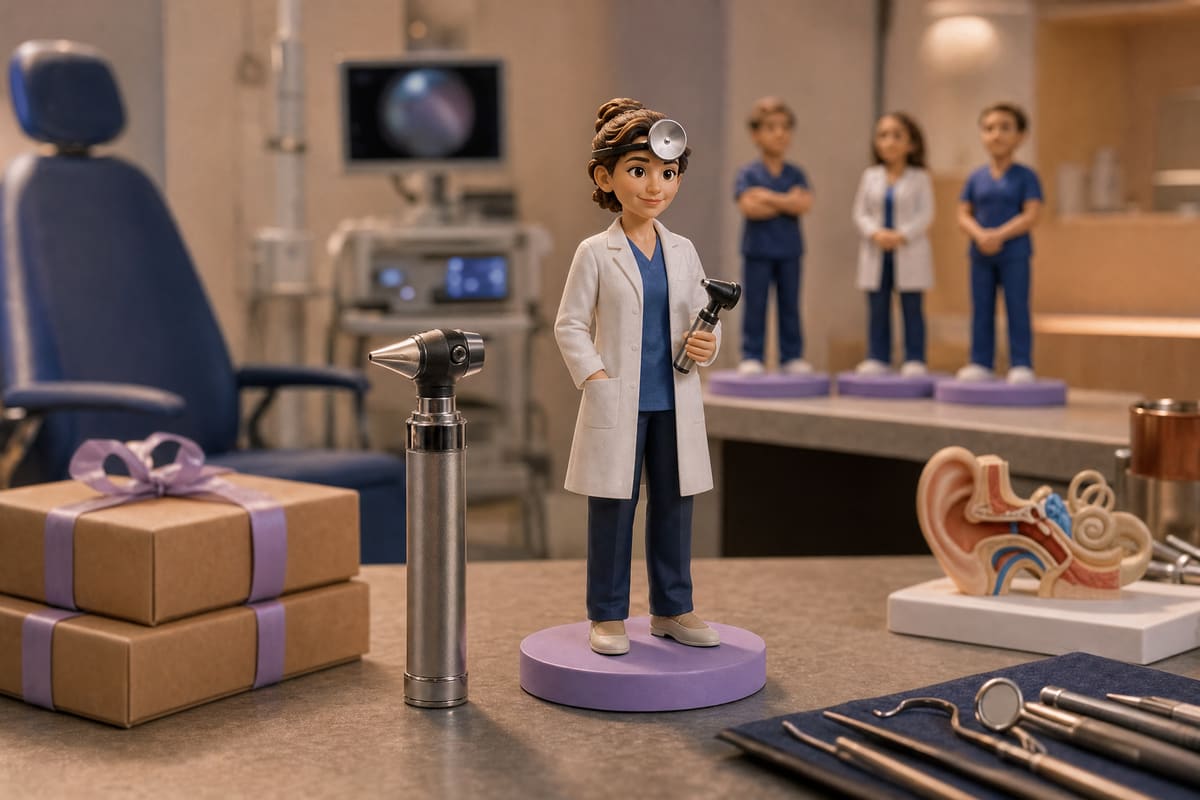 Illustration en projection 3D d'une figurine de médecin ORL en blouse blanche, miroir frontal sur la tête et otoscope chromé à la main