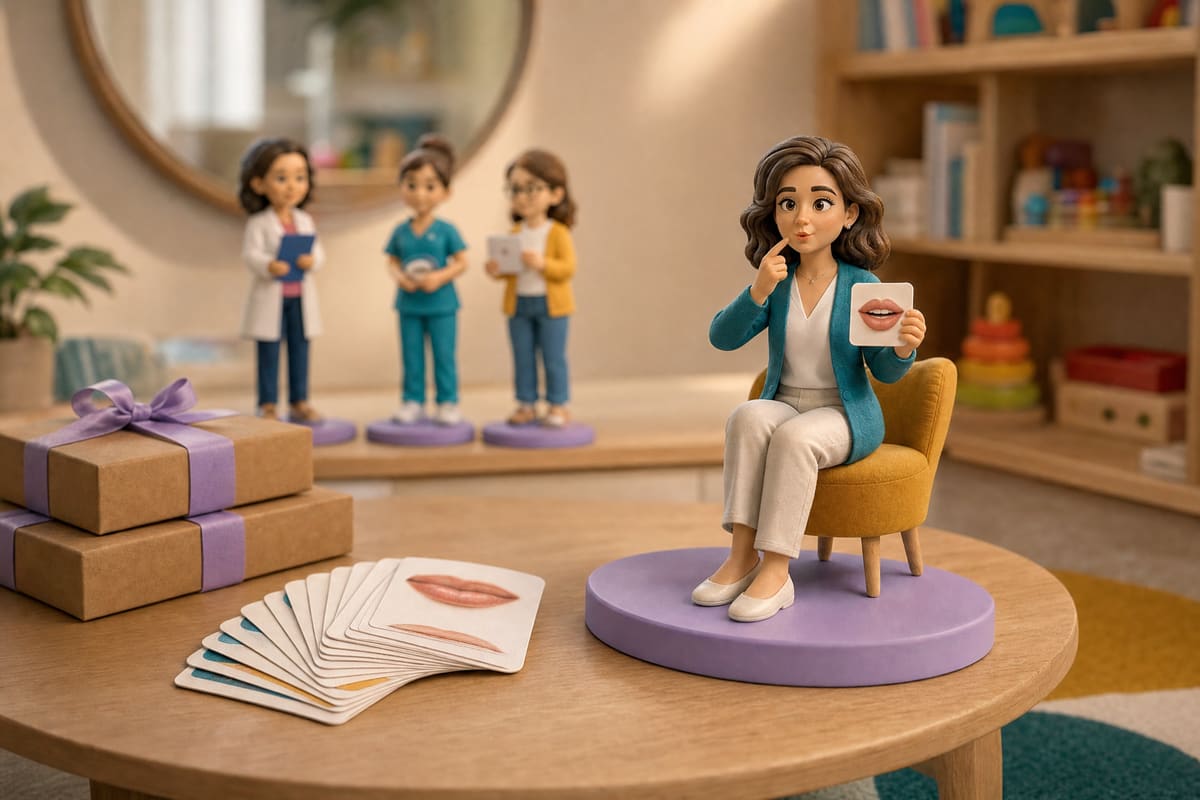 Illustration : rendu 3D d'une figurine personnalisée d'orthophoniste, et non la photo d'une pièce imprimée. Elle est assise à une table basse, un jeu de cartes imagées d'articulation en éventail dans une main, l'autre main levée près de la bouche pour montrer un son.