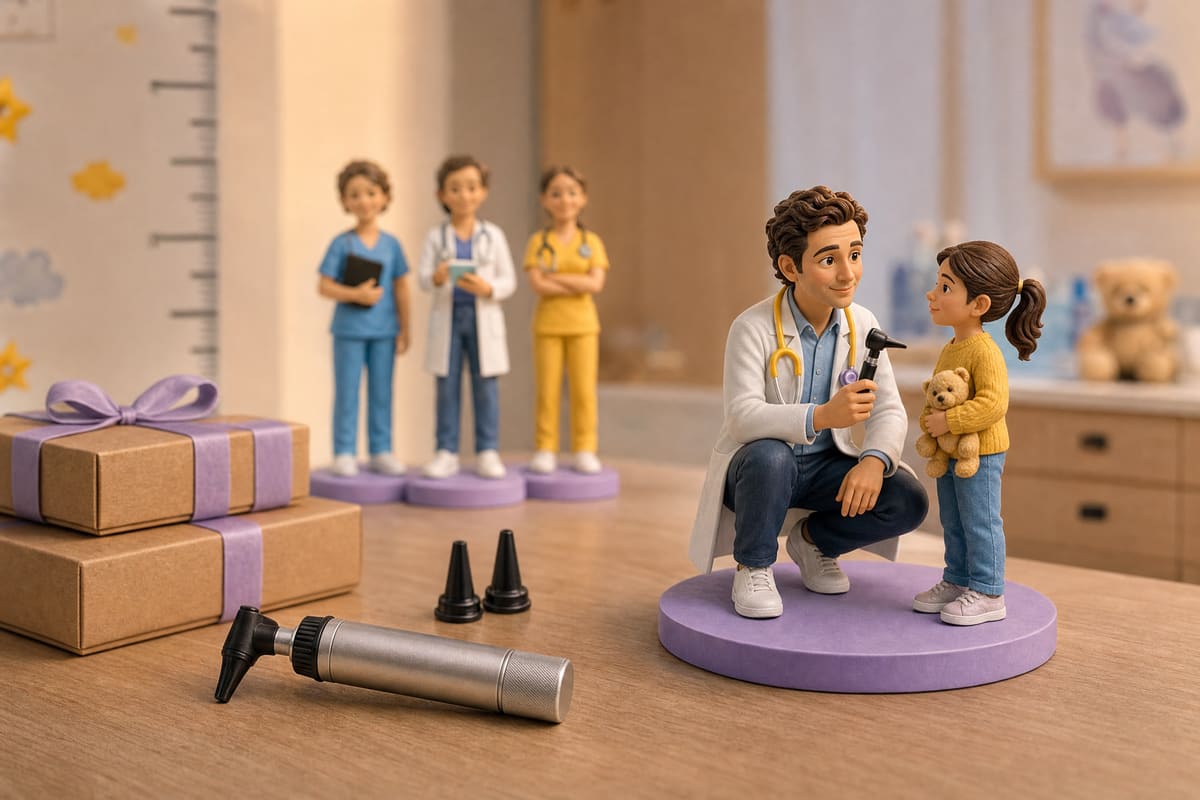 Illustration 3D d'une figurine personnalisée de pédiatre de ville, accroupi à hauteur d'enfant, un otoscope de poche à la main et un stéthoscope à pavillon coloré autour du cou. Visuel de projection 3D, et non la photo d'une pièce imprimée.