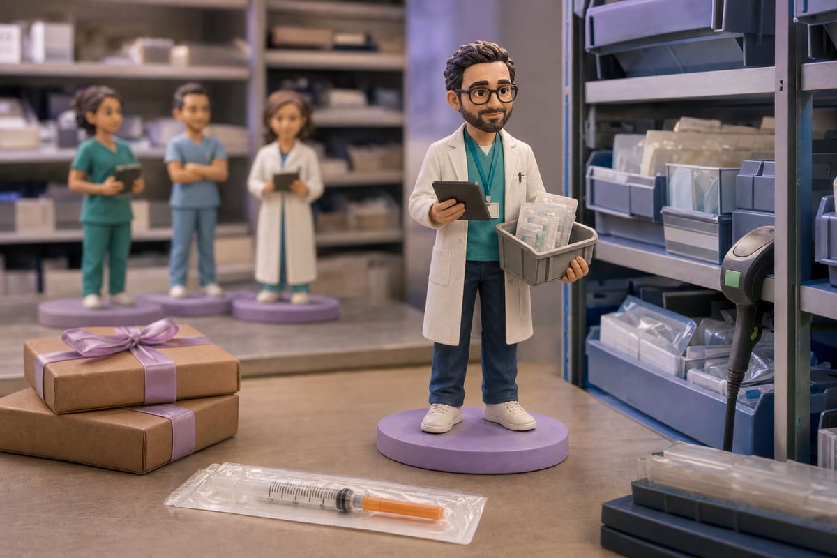 Projection 3D illustrant une figurine personnalisée de pharmacien hospitalier en blouse, tablette de traçabilité dans une main et bac de dispositifs médicaux étiquetés dans l'autre, avec une seringue graduée à capuchon orange posée à côté