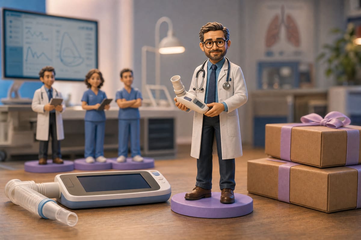 Illustration 3D d'une figurine de pneumologue en blouse blanche, stéthoscope au cou, tenant un spiromètre portable avec son embout buccal. Rendu numérique de style aperçu avant impression.