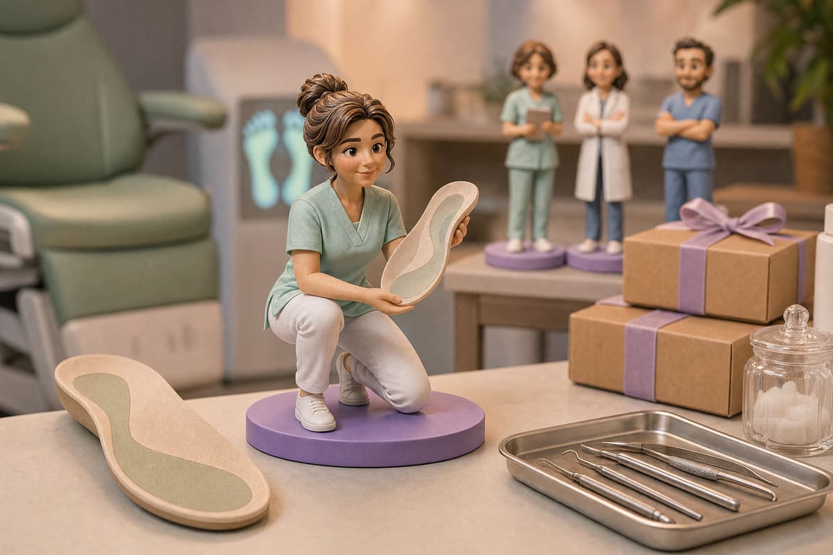 Illustration 3D d'une figurine de pédicure-podologue en blouse de cabinet, présentant une semelle orthopédique thermoformée dans la main