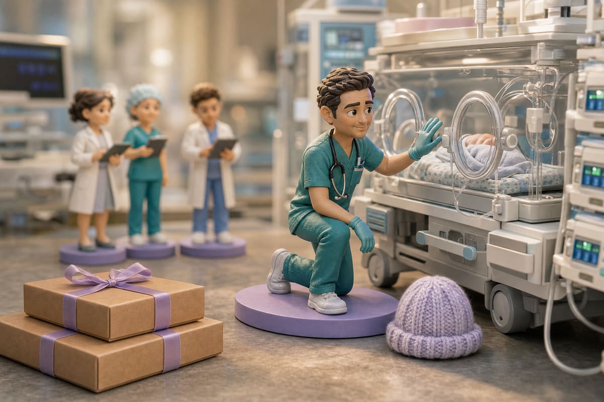 Illustration en rendu 3D d'une figurine de puéricultrice en pyjama de bloc, agenouillée à hauteur de couveuse, main gantée sur le hublot, un bonnet de prématuré tricoté main posé à côté