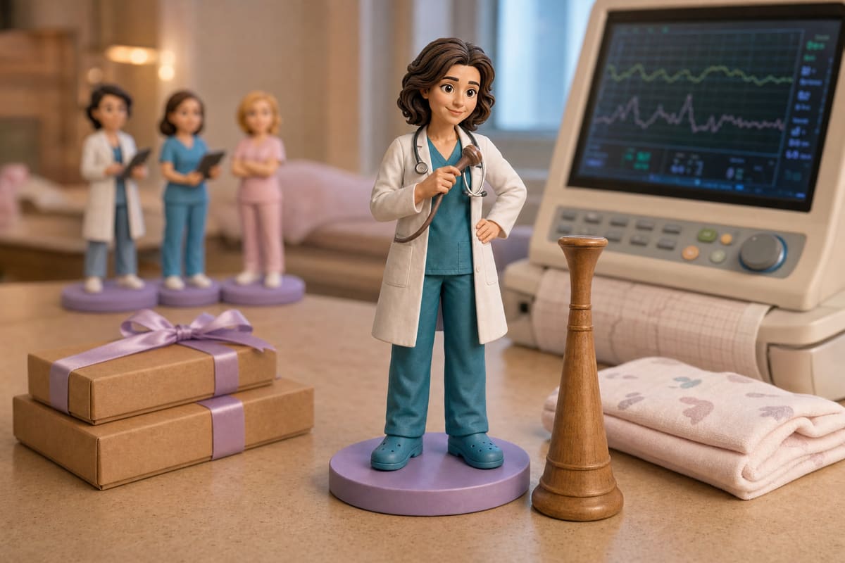 Illustration en rendu 3D, et non photo d'une pièce imprimée : figurine d'une sage-femme en blouse blanche et sabots de bloc, tenant un stéthoscope obstétrical de Pinard en bois contre son épaule.