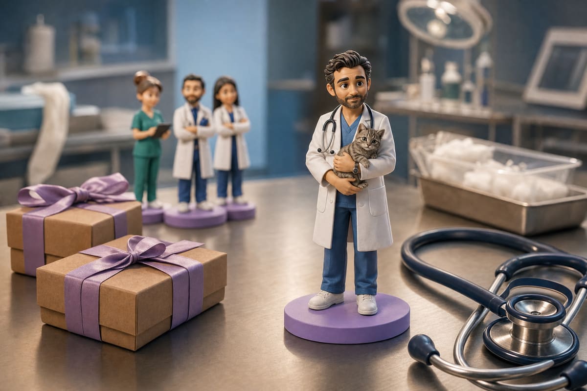 Illustration : projection 3D d'une figurine personnalisée de vétérinaire en blouse, stéthoscope autour du cou, tenant un chaton contre son avant-bras près d'une table d'examen. Rendu 3D de projection, pas la photo d'une figurine imprimée.