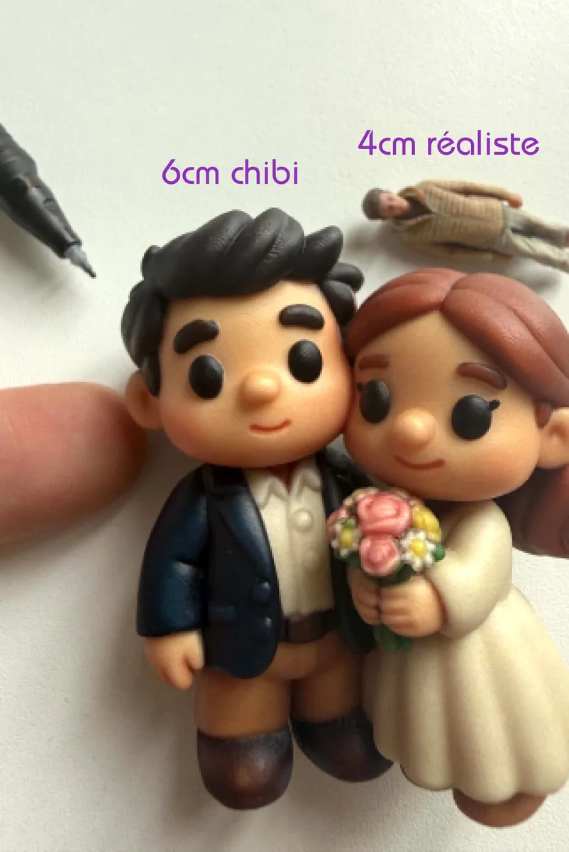 Comparaison réelle : couple chibi 6 cm à côté d’une figurine réaliste 4 cm