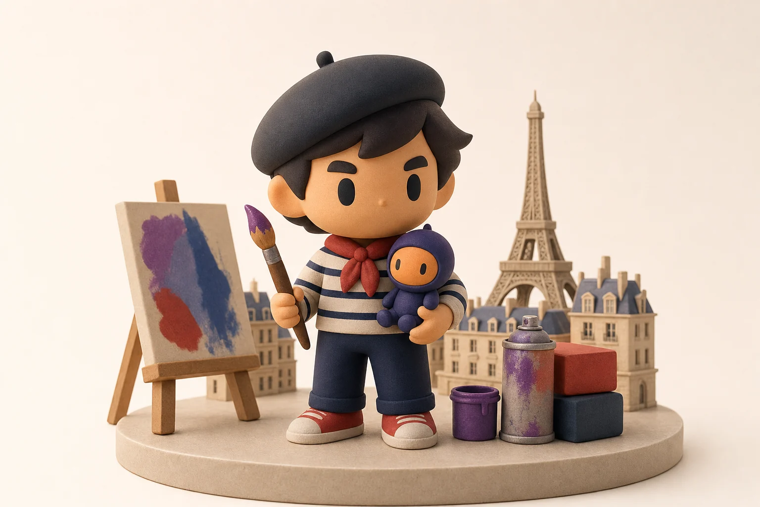 Art toy français peint à la main posé sur une étagère, scène émergente 2026
