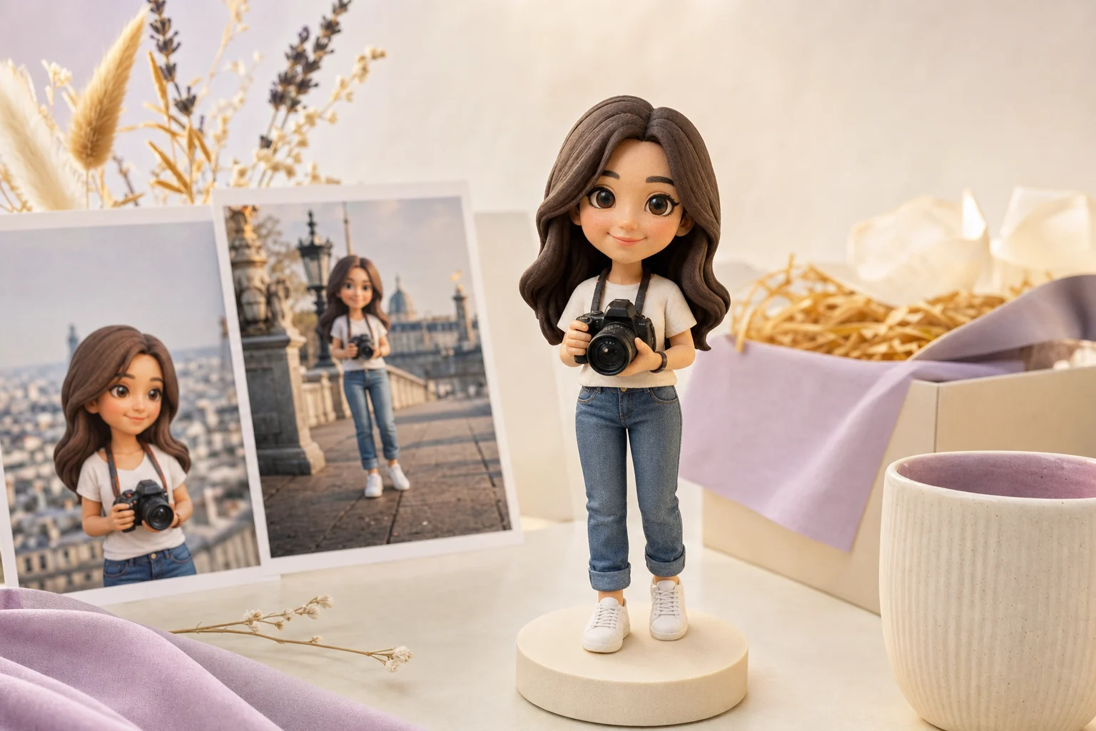 Photo réelle d'une figurine 3D personnalisée Miniu en résine mate, rendu client livré