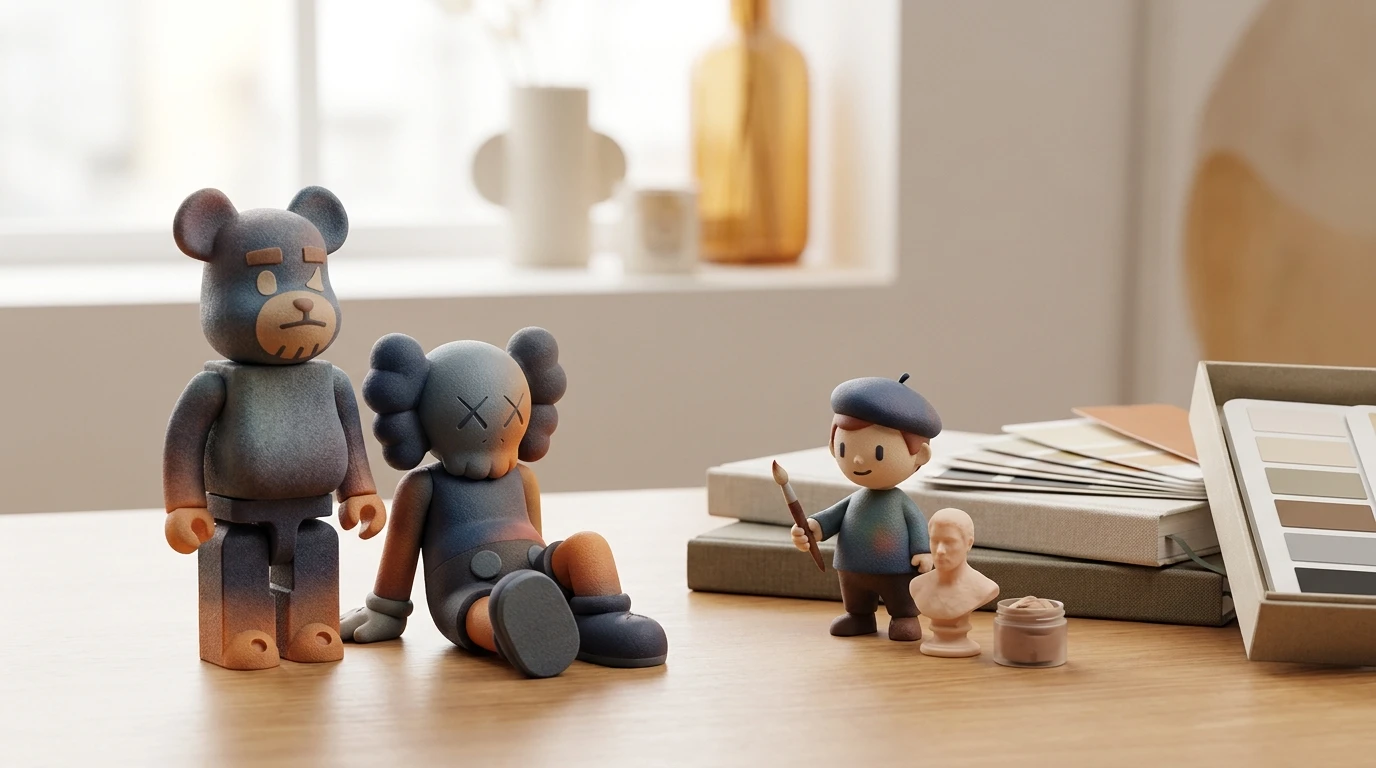 Comparatif Bearbrick Kaws art toy premium et figurine 3D personnalisée sur une étagère