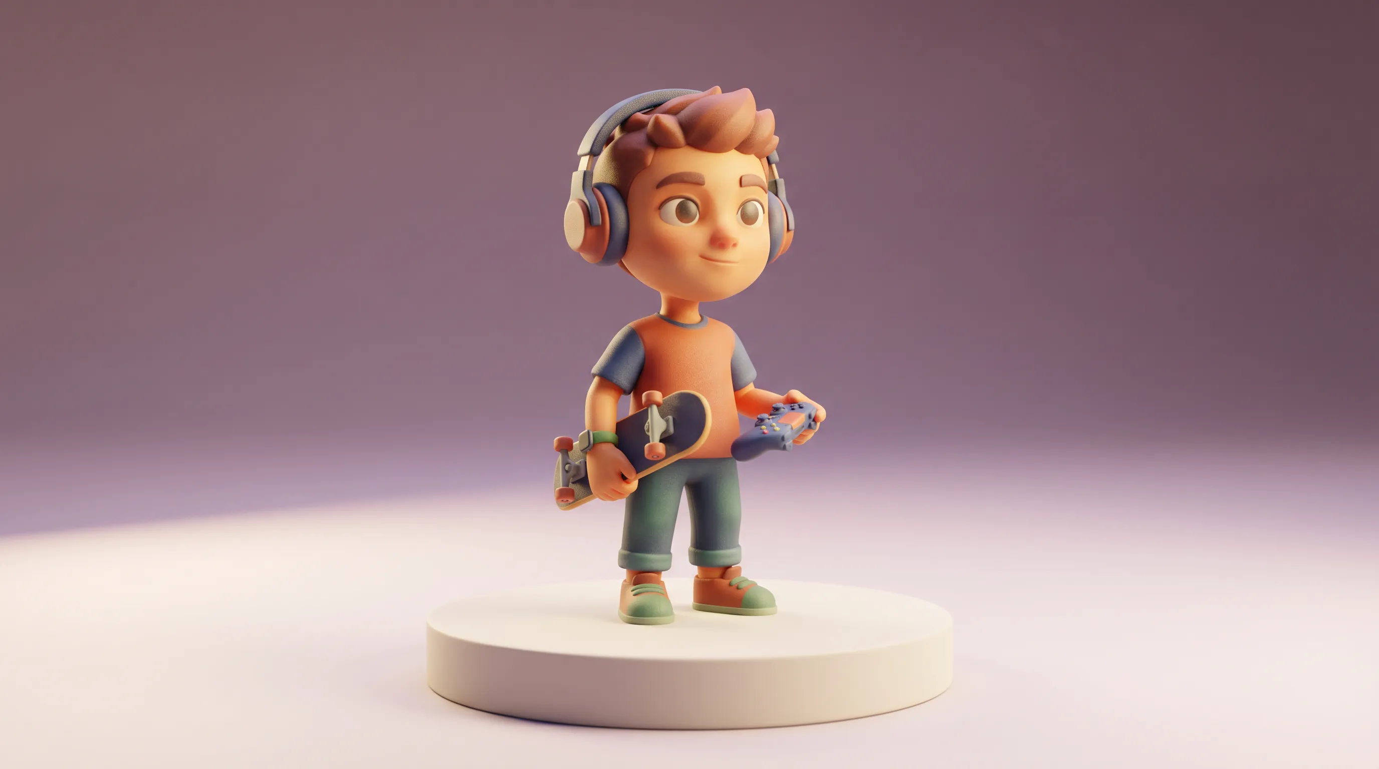 Un adolescent heureux découvrant sa figurine 3D personnalisée, réalisée en résine mate à grain subtil, posée sur son bureau avec ses accessoires préférés.
