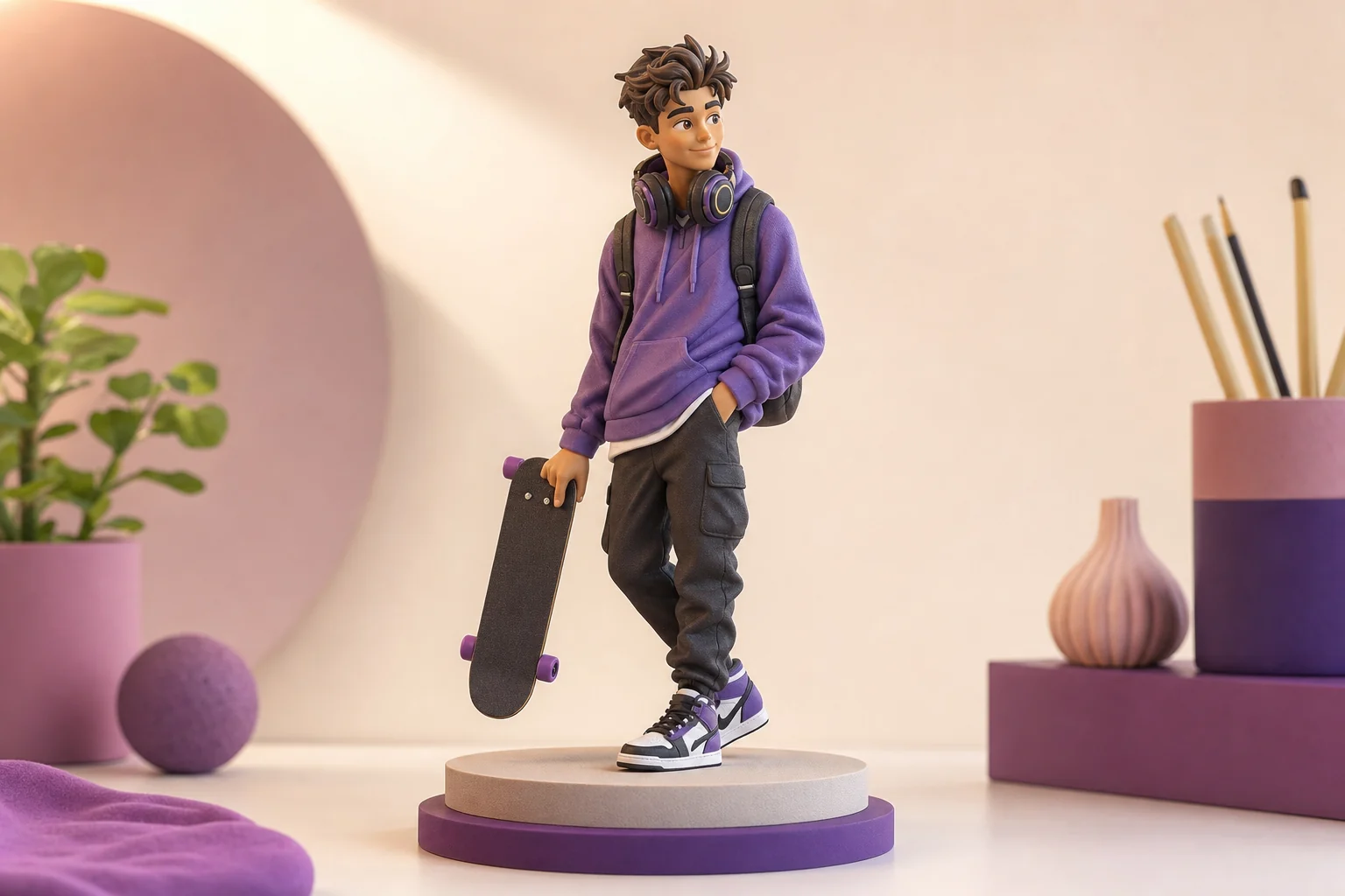 Figurine 3D personnalisée représentant un adolescent avec ses accessoires favoris, sur socle, texture mate.