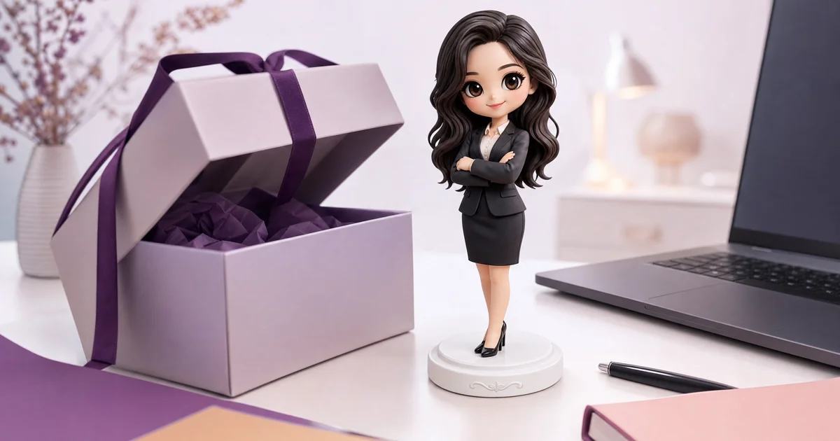 Figurine 3D personnalisée d'une collaboratrice sur un bureau, welcome pack et socle gravé au logo de l'entreprise