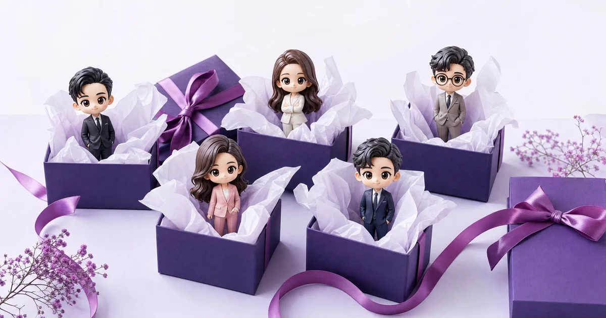 Coffrets cadeaux ouverts révélant des figurines 3D personnalisées pour les salariés d'une entreprise