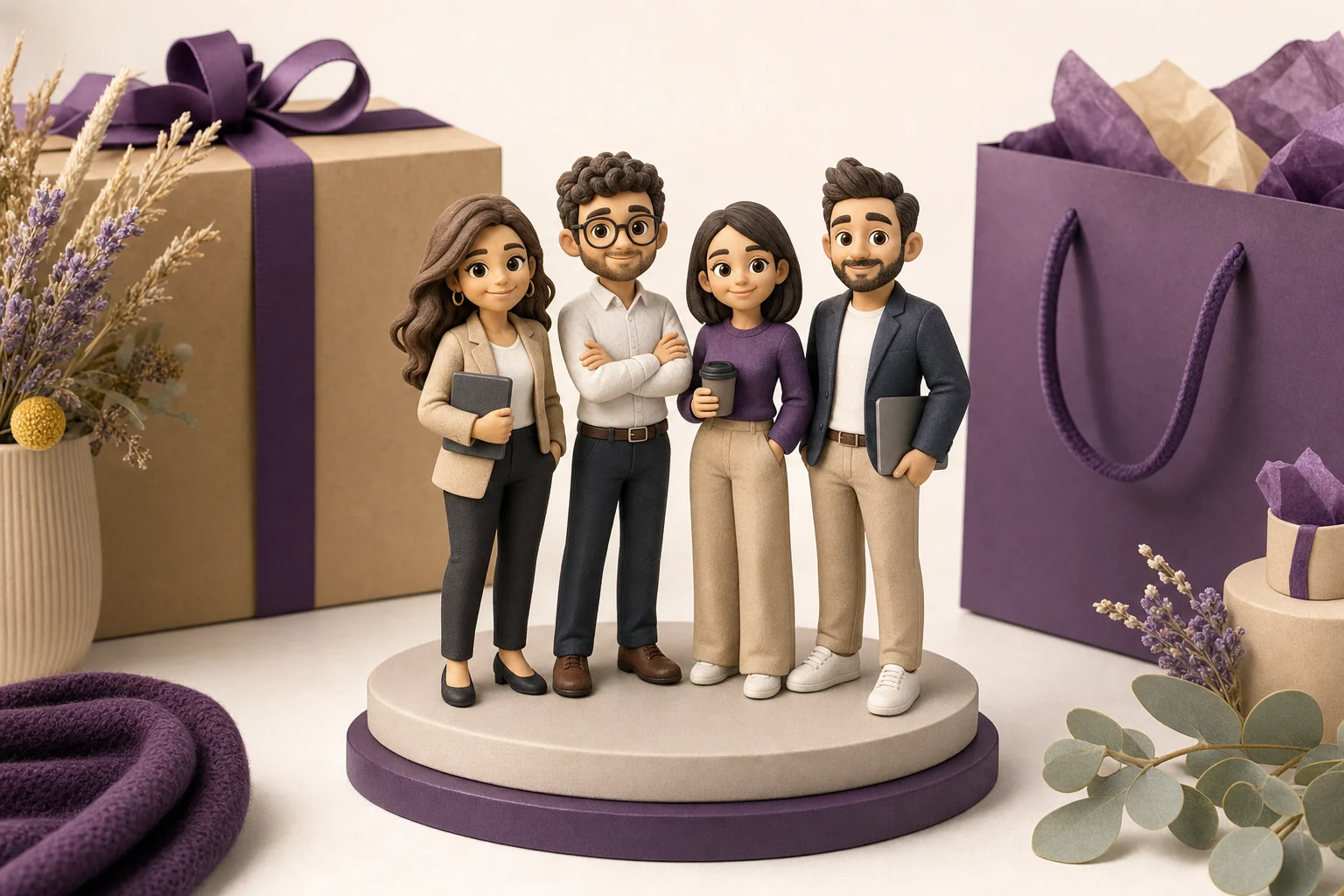 Figurine 3D personnalisée cadeau entreprise posée sur un bureau professionnel