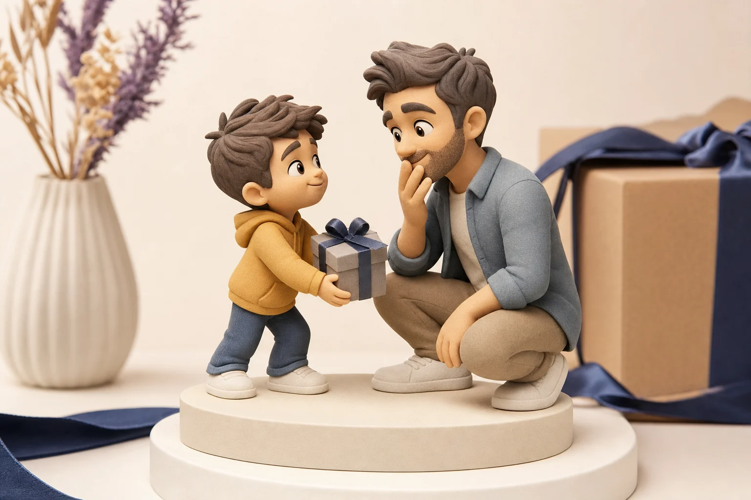 Figurine 3D personnalisée représentant un papa avec ses enfants, cadeau fête des pères 2026