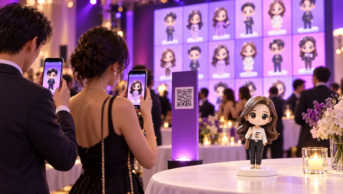 Invités créant leur figurine 3D depuis leur smartphone sur un stand d’événement, mur partagé projeté derrière eux