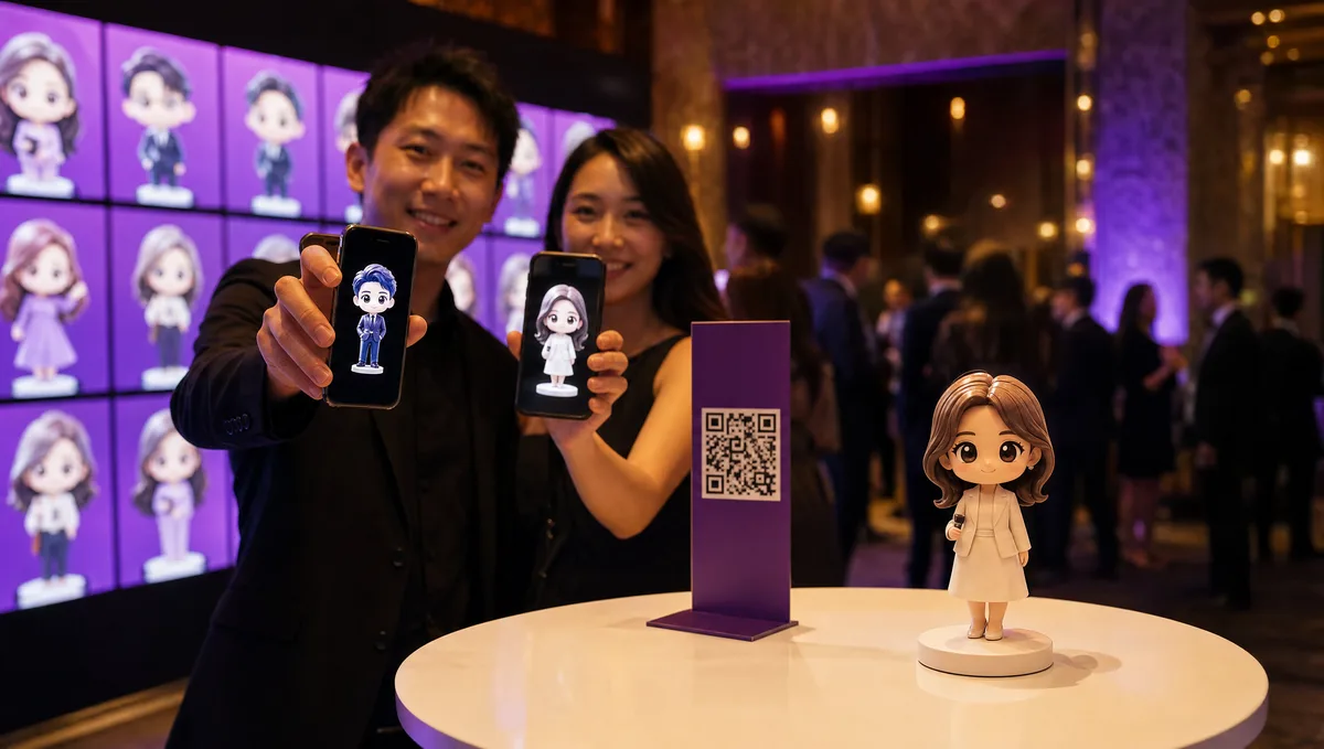 Invités créant leur figurine 3D depuis leur smartphone sur un stand d’événement, mur partagé projeté derrière eux