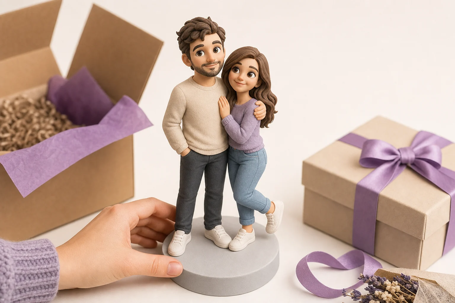 Cadeau personnalisé livraison rapide : figurine 3D en résine mate posée dans un emballage cadeau