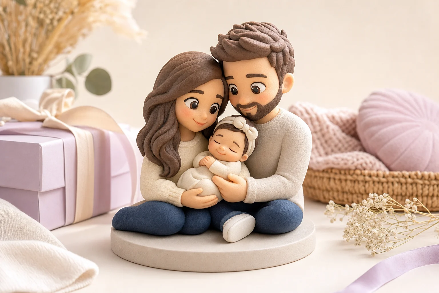 Cadeau de naissance personnalisé : figurine 3D bébé en résine mate posée à côté d'un faire-part de naissance