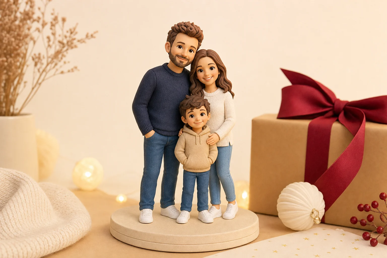 Figurine 3D personnalisée en résine mate posée sous un sapin de Noël comme cadeau original