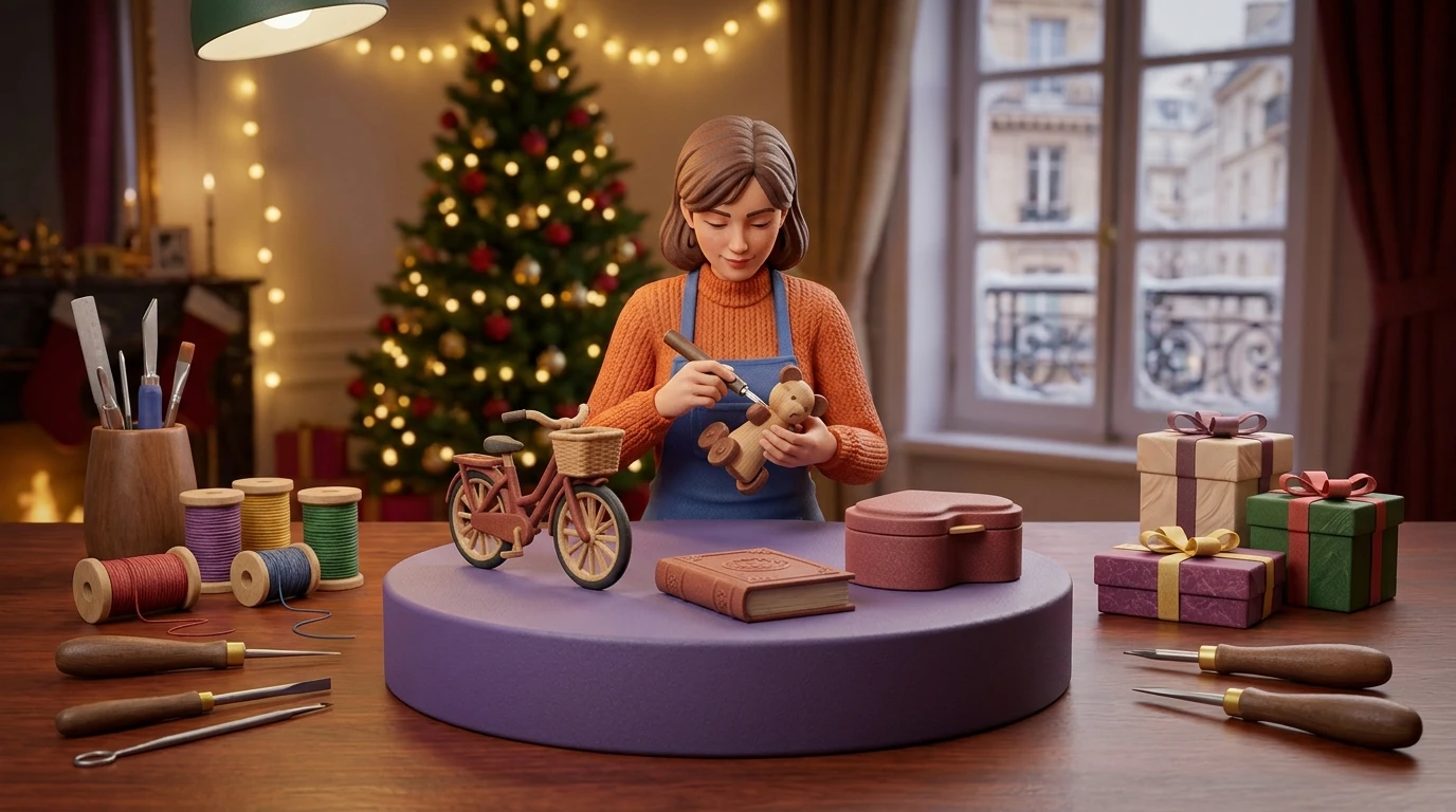 Figurine 3D personnalisée posée sous un sapin de Noël, résine mate avec grain subtil