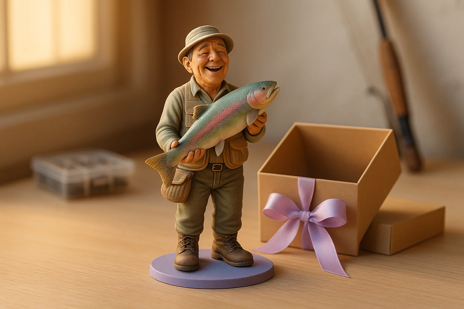 Cadeau pêcheur : figurine 3D personnalisée avec truite et coffret kraft Miniu
