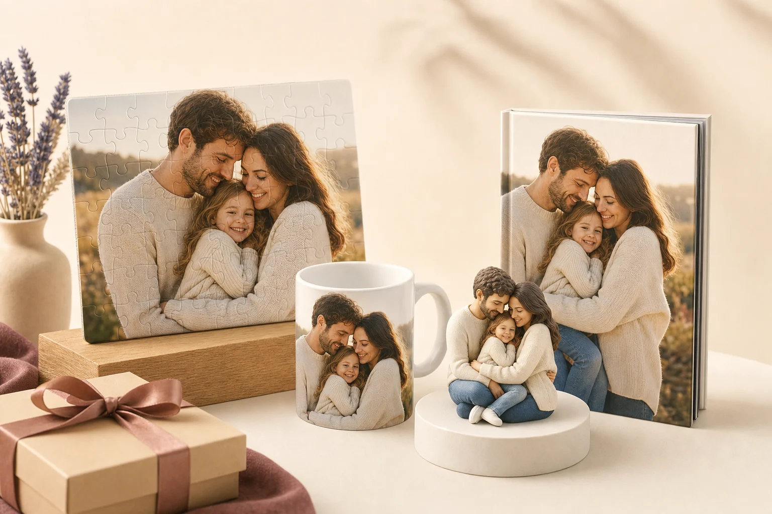 Comparatif cadeau personnalisé photo : mug, puzzle, livre photo et figurine 3D côte à côte