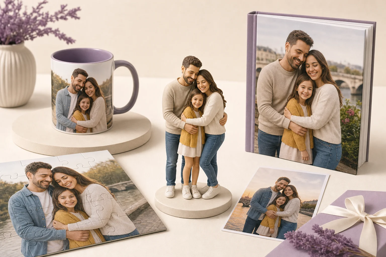 Comparatif cadeau personnalisé photo 2026 : mug, puzzle, livre et figurine 3D côte à côte