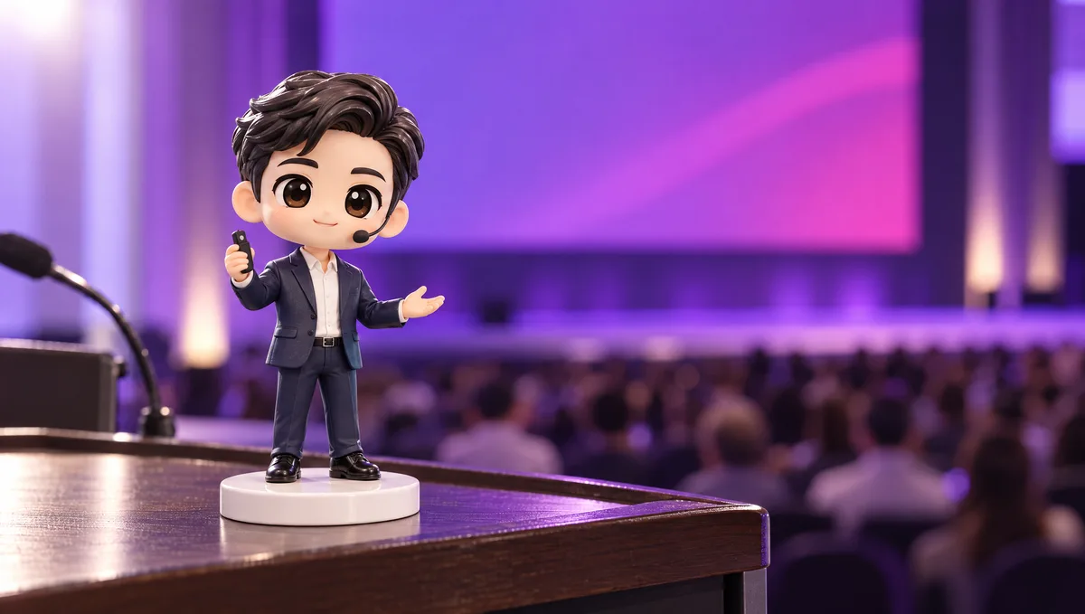 Figurine 3D personnalisée d’un conférencier avec micro-casque et clicker, socle gravé au nom de la conférence