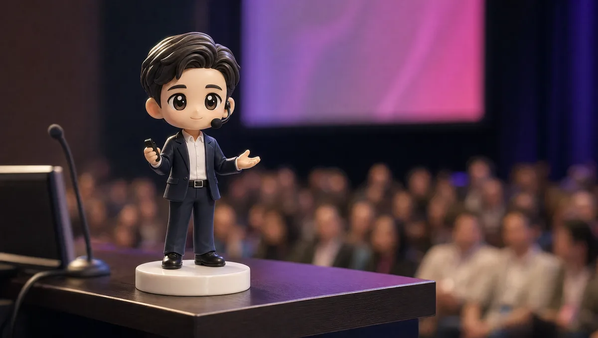 Figurine 3D personnalisée d’un conférencier avec micro-casque et clicker, socle gravé au nom de la conférence
