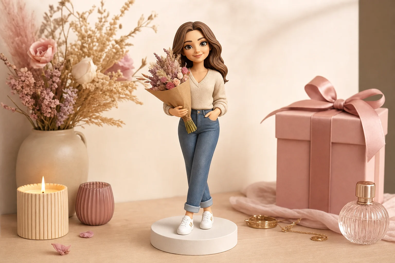 Sélection de cadeaux personnalisés pour femme : figurine 3D résine, bijou gravé et livre photo sur fond neutre