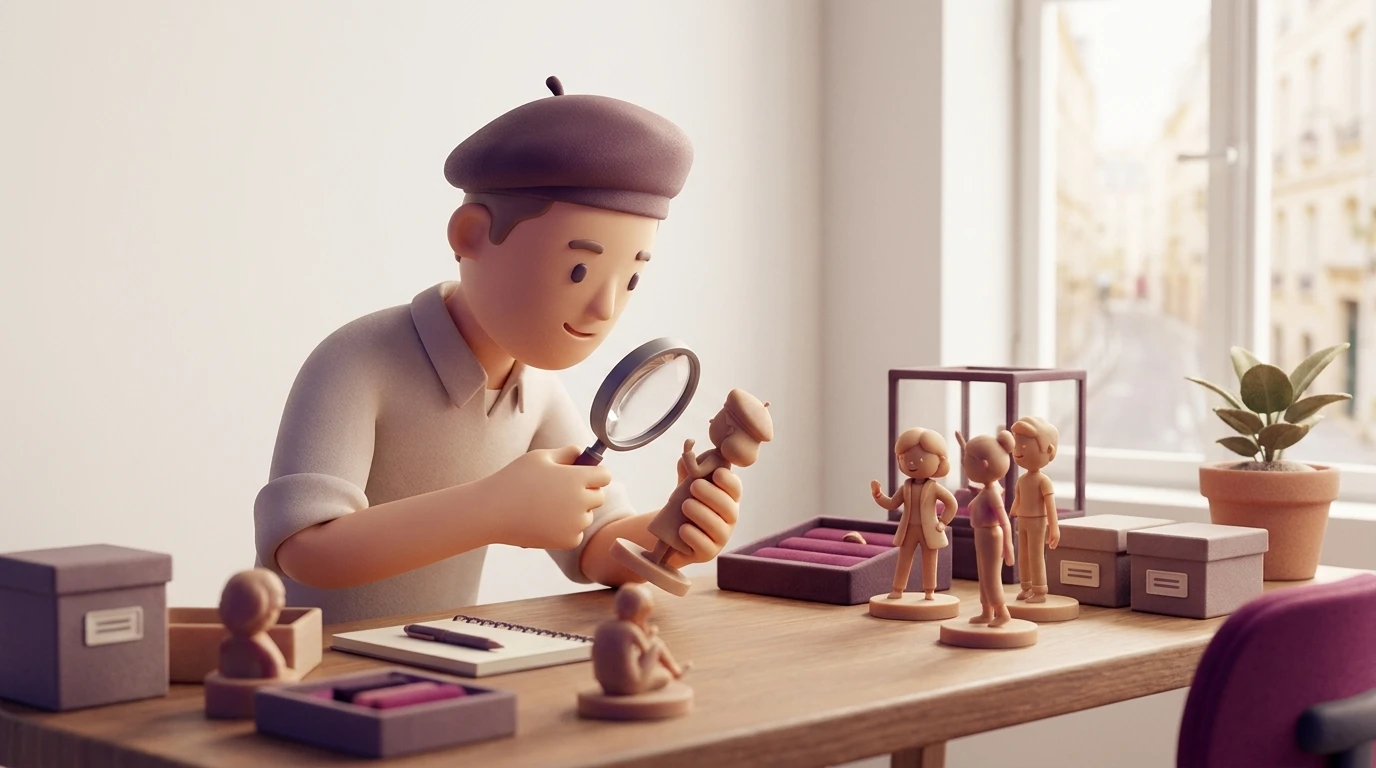 Collection de figurines organisée sur une étagère avec une figurine 3D personnalisée en résine mate au centre