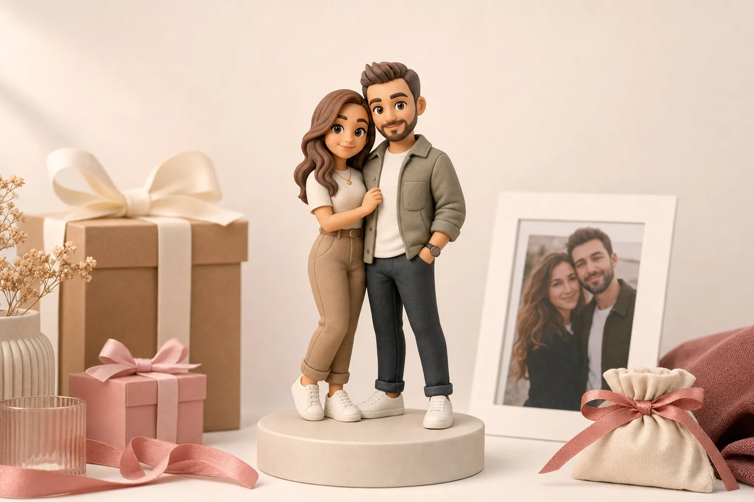Guide pour choisir un cadeau personnalisé : figurine 3D en résine mate posée sur une table avec des photos de référence