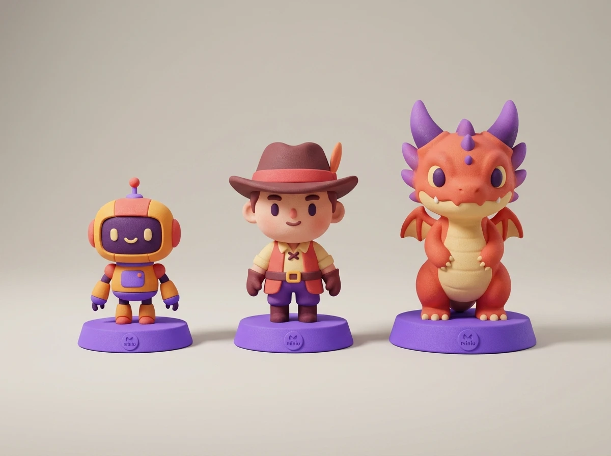 Comparaison des tailles de figurines 3D personnalisées Miniu : 4cm mini, 6cm classique, 8cm deluxe, 10cm collector