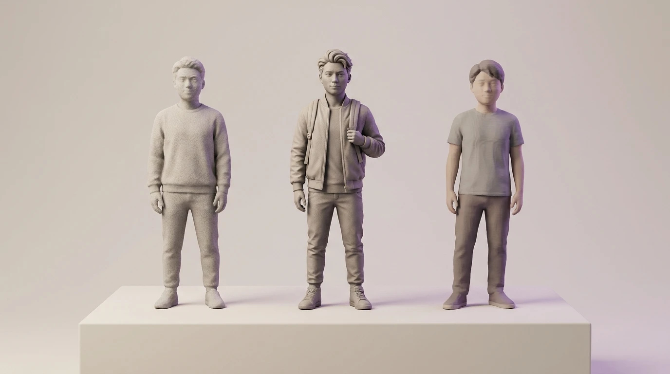 Comparaison de plusieurs figurines 3D personnalisées posées sur une table, montrant différentes textures et finitions mates.